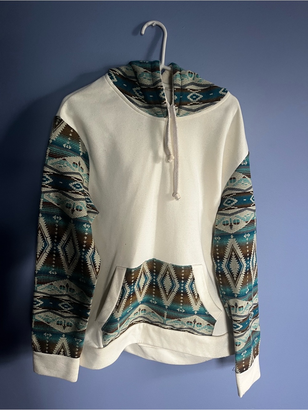 Cream Cowl Neck Hoodie with Teal Aztec Accents